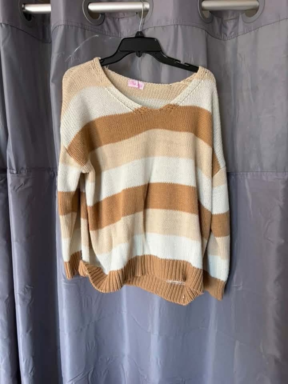 Pink Lily Cream and Tan Striped V-Neck Sweater
